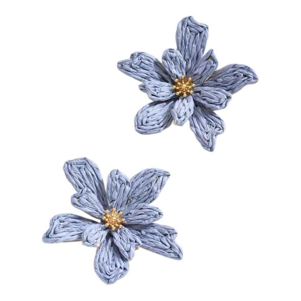 Handcrafted Light Blue Floral Raffia Earrings with Gold Accent